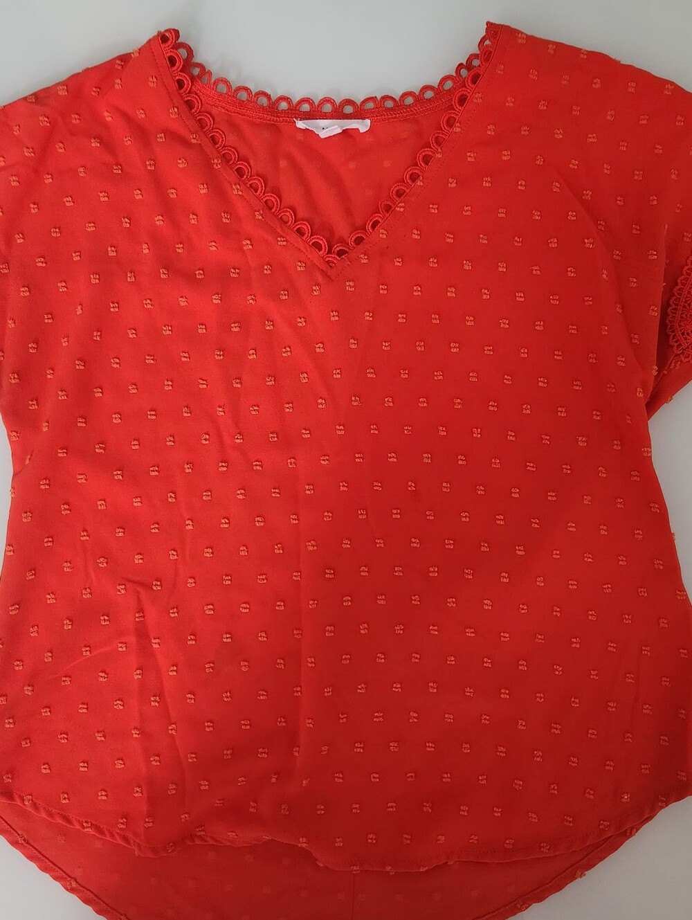 mine Red V-Neck Eyelet Blouse with Lace Trim